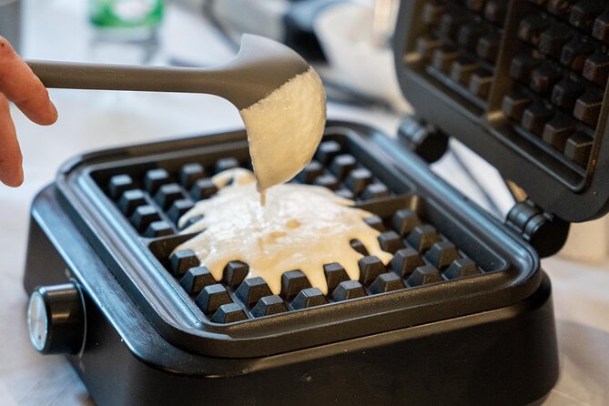 The Waffles 'n Coffee Breakfast in Bruges Centre - Mixing batter in central Bruges